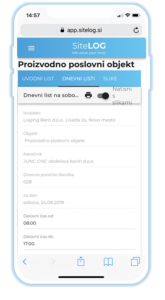 Primer izpolnjenega dnevnega lista na mobilni aplikaciji SiteLOG gradbeni dnevnik