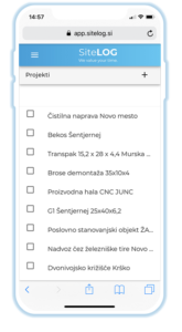 Seznam vseh projektov na mobilni aplikaciji gradbeni dnevnik SiteLOG