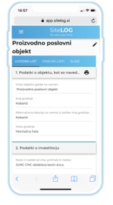 Primer izpolnjenega uvodnega lista gradbenega dnevnika na aplikaciji SiteLOG